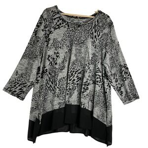 Animal Print Black Stretchy Sheer‎ Trim Lagenlook Whimsigoth Artsy Tunic Top 2X